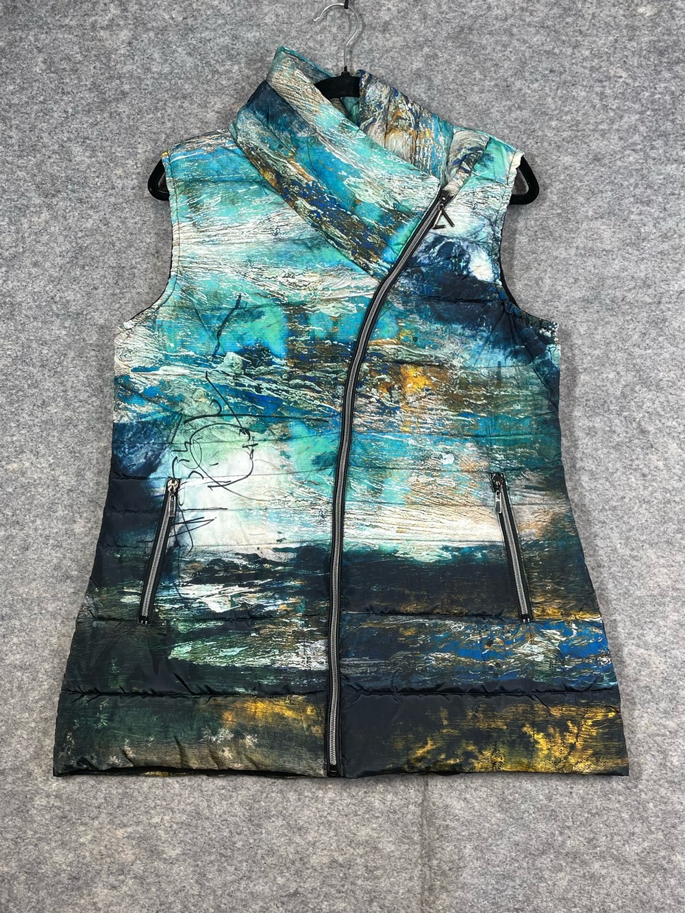 Dolcezza Art Print Puffer Vest Medium Blue Teal Abstract Wearable Art Jacket